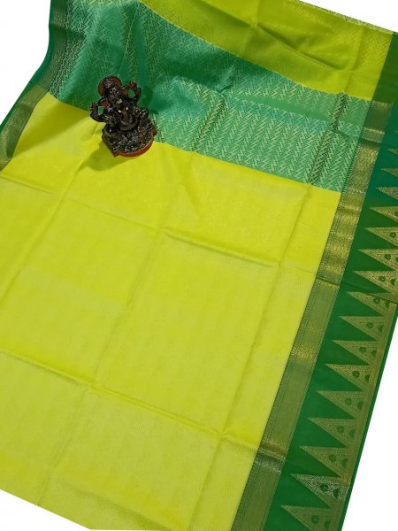 Lime green and Deep green kora silk saree with kuppatam border